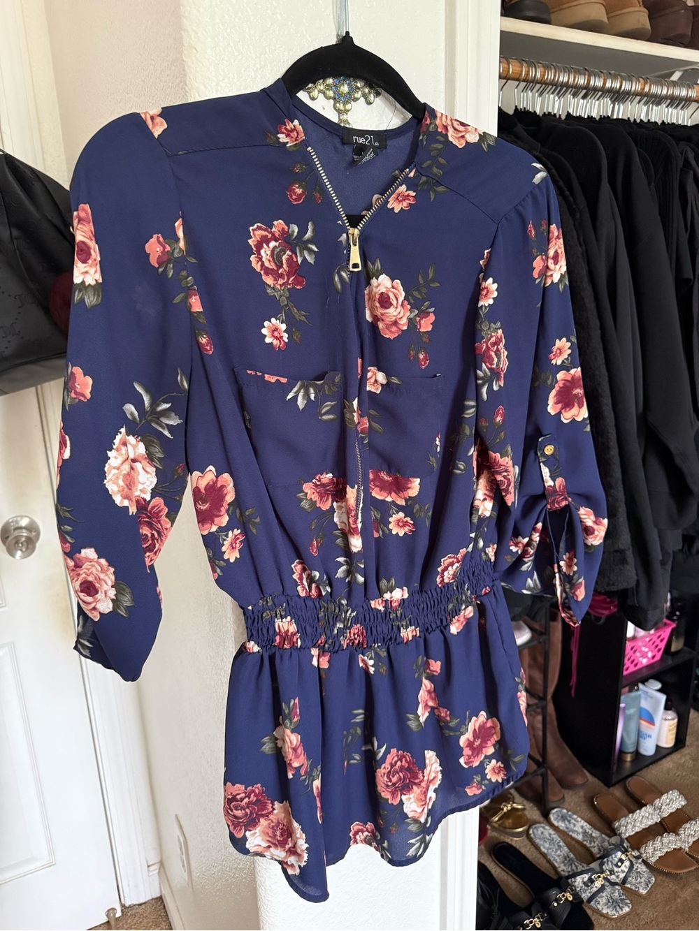 rue21 Navy Floral Top With Zip-Front